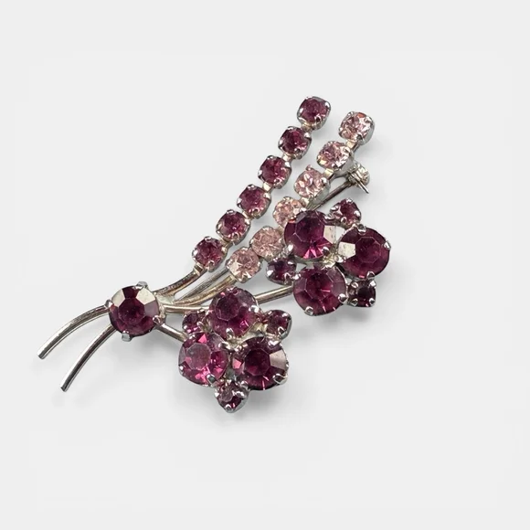 Vintage Austrian Crystal Brooch Purple Pink Rhinestone Floral Spray Pin 1950s - Picture 8 of 10